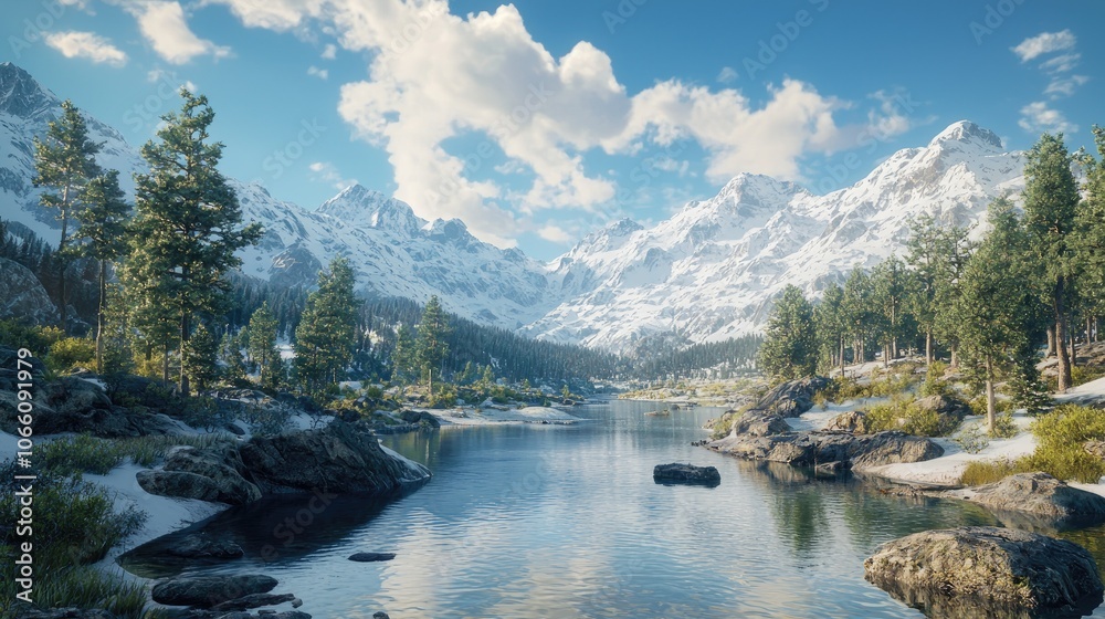 Fototapeta premium Tranquil River Winding Through Snowy Mountains
