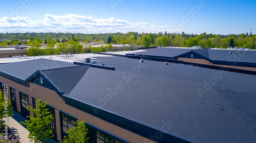 Images from a midday drone photo shoot of asphalt shingles and TPO on commercial roofs, Sunny, Outside, Strip Mall, Architecture photo