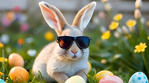 Chillin' Bunny Vibes: Join the Fun with Our Cool Easter Bunny Rocking Sunglasses, Surrounded by Colorful Eggs and Bright Flowers in this Heartwarming Spring Adventure!