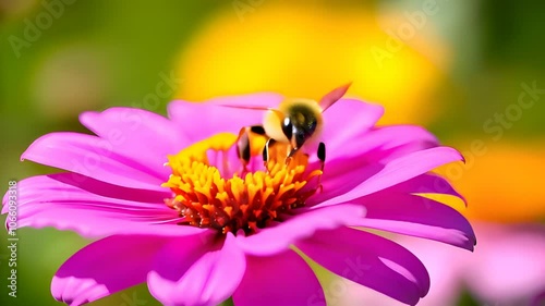 Close-Up of a Bee Pollinating a Vibrant Pink Flower Against a Soft Focus Background, Capturing the Beauty of Nature and the Importance of Insects in Ecosystems, Perfect for Educational or Environment