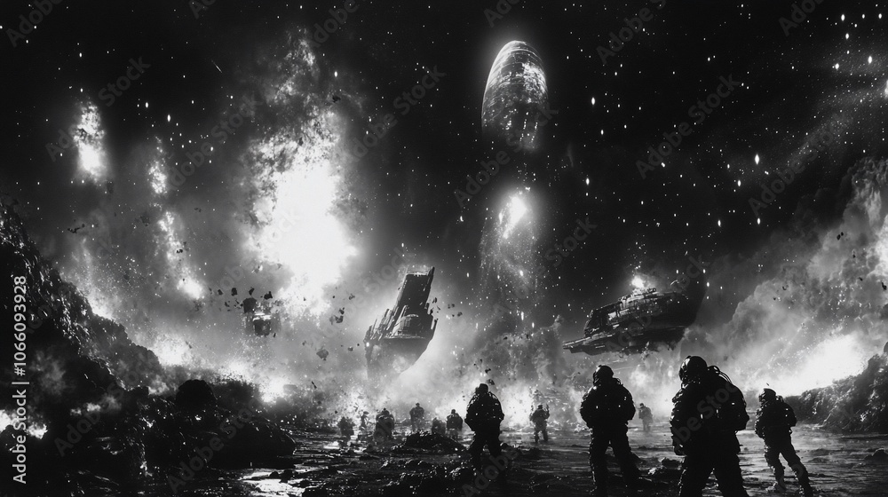 Fototapeta premium A group of people stand in front of a fiery, apocalyptic scene, staring up at a cosmic event in the night sky.