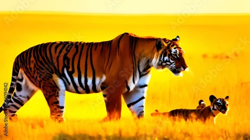 Majestic Encounters: A Heartwarming Journey Through the Golden Plains with Mother Tiger and Her Playful Cub – Witness Nature’s Beauty and Bonding Moments in the Wild!