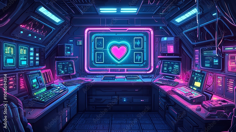 Fototapeta premium Futuristic Control Room with Neon Lights and Heart Symbol.