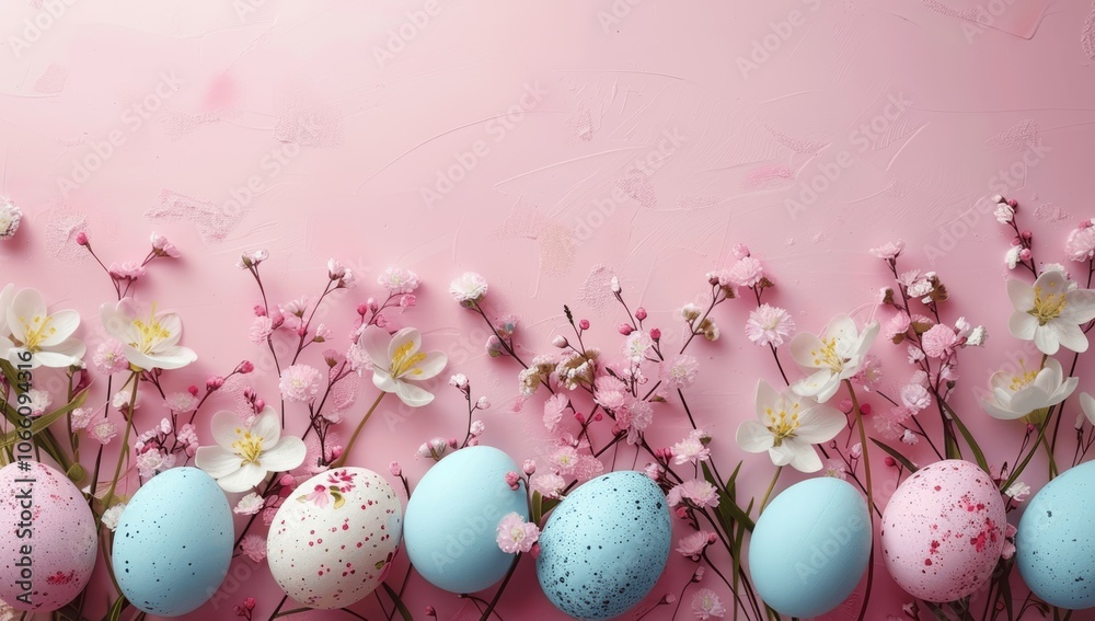 Easter Celebration Background with Pastel Eggs and Spring Flowers on Pink Easter Celebration Background with Pastel Eggs and Spring Flowers on Pink