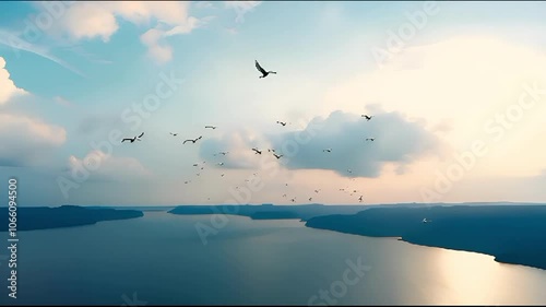 Exploring the Serene Beauty of Nature: A Captivating Aerial Journey Over Tranquil Waters and Soaring Birds at Dusk
