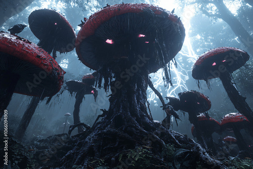 Enchanted Forest with Glowing Smart Mushrooms: Beings of the Woods photo