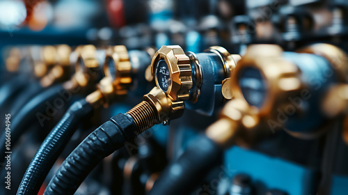 Close-up view of industrial pneumatic tools connected to a compressed air system, with hoses and valves visible, The setup showcases precision and technology in a manufacturing environment photo