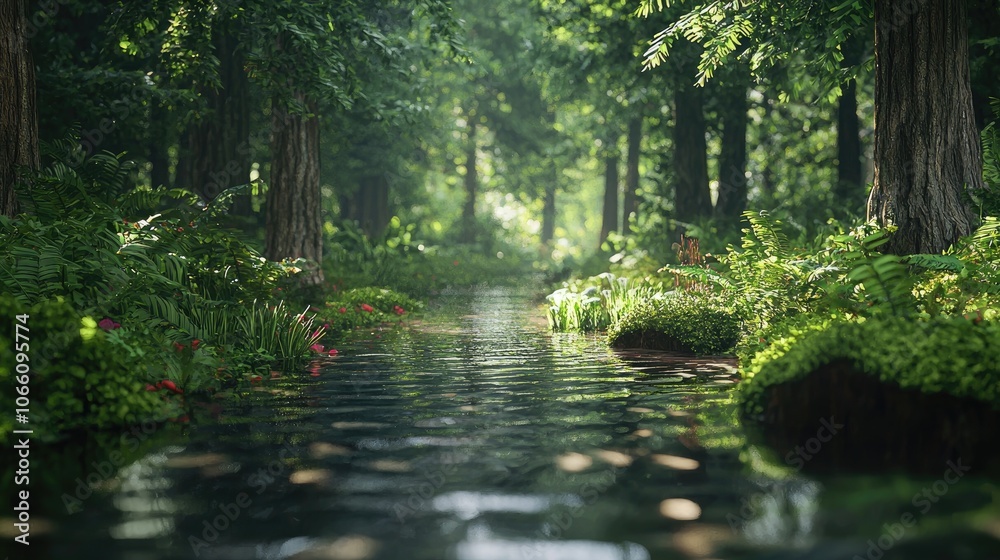 Fototapeta premium A Sunlit Stream Through a Lush, Green Forest