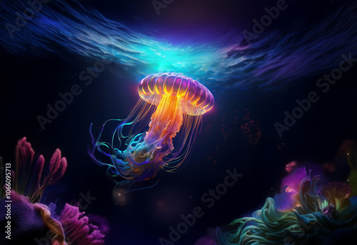 A vibrant jellyfish with glowing tentacles floats in a dark, bioluminescent ocean.