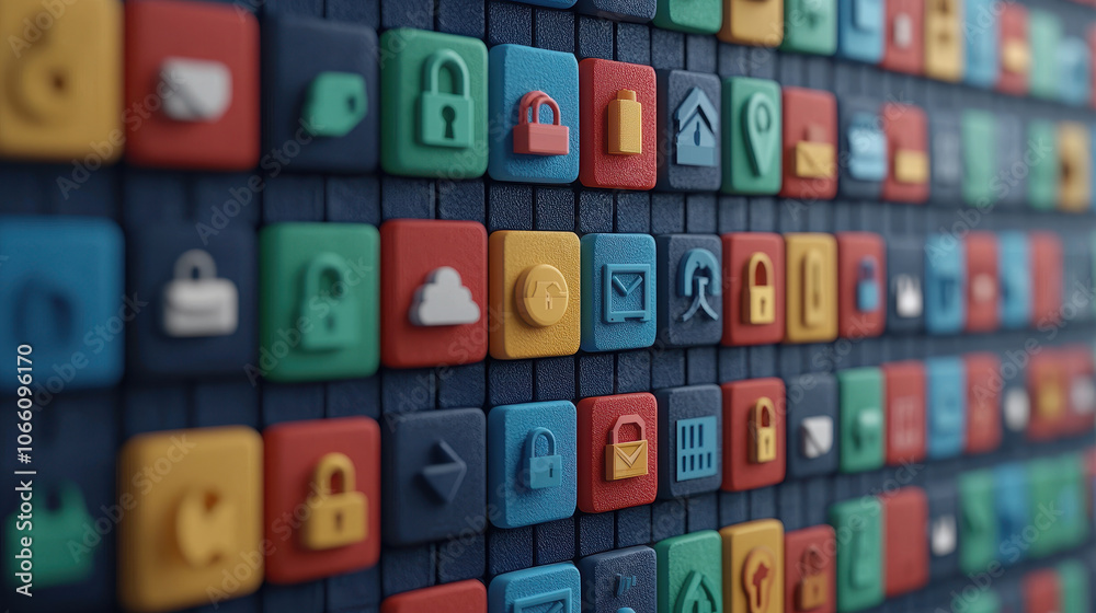 Digital icons representing data protection and regulations are arranged in colorful grid, showcasing various symbols like locks, clouds, and envelopes. This vibrant display emphasizes importance of Digital icons representing data protection and regulations are arranged in colorful grid, showcasing various symbols like locks, clouds, and envelopes. This vibrant display emphasizes importance of