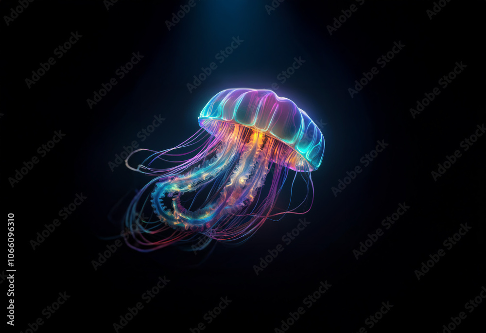 Obraz premium A glowing jellyfish with iridescent colors floats in the dark.