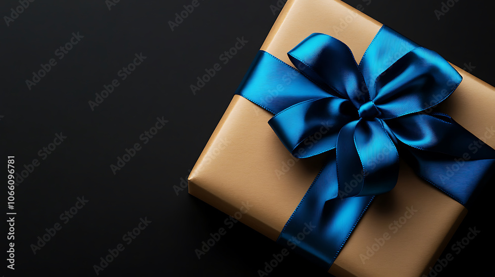 Black gift box with blue ribbon on dark background, black friday sale concept, top view Black gift box with blue ribbon on dark background, black friday sale concept, top view