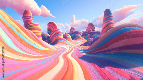 A psychedelic dreamscape with technicolor patterns and fractal-like formations stretching to infinity road. Dreamscape. Illustration photo