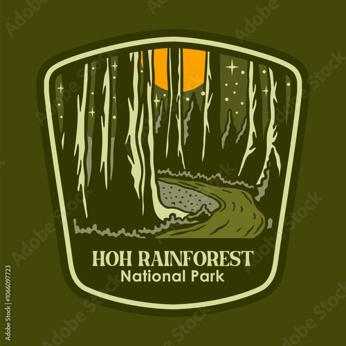 HOH RAINFOREST AT THE NIGHT NATIONAL PARK BADGE LOGO DESIGN VECTOR ILLUSTRATION
