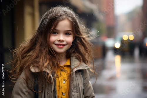 Adorable little girl with long curly hair in the rain on a rainy day