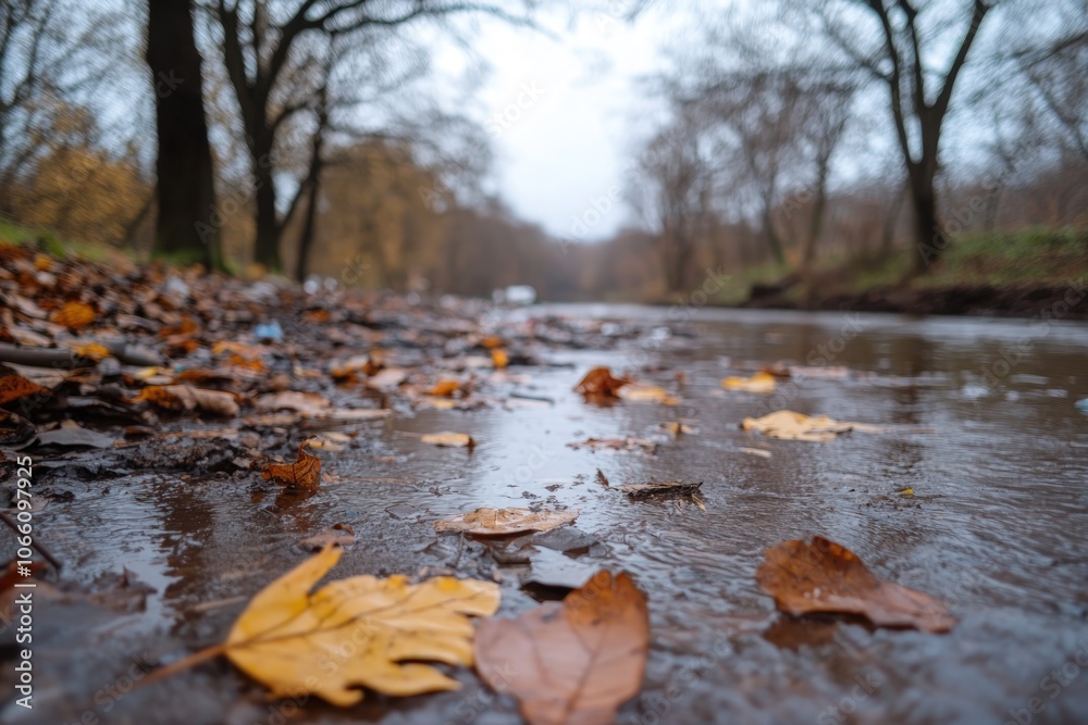 Fototapeta premium Fallen leaves lie on the surface of a river in an autumnal forest.