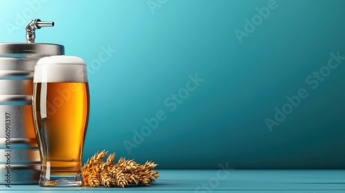 Realistic Beer Keg with Tap and Glass on Blue Background