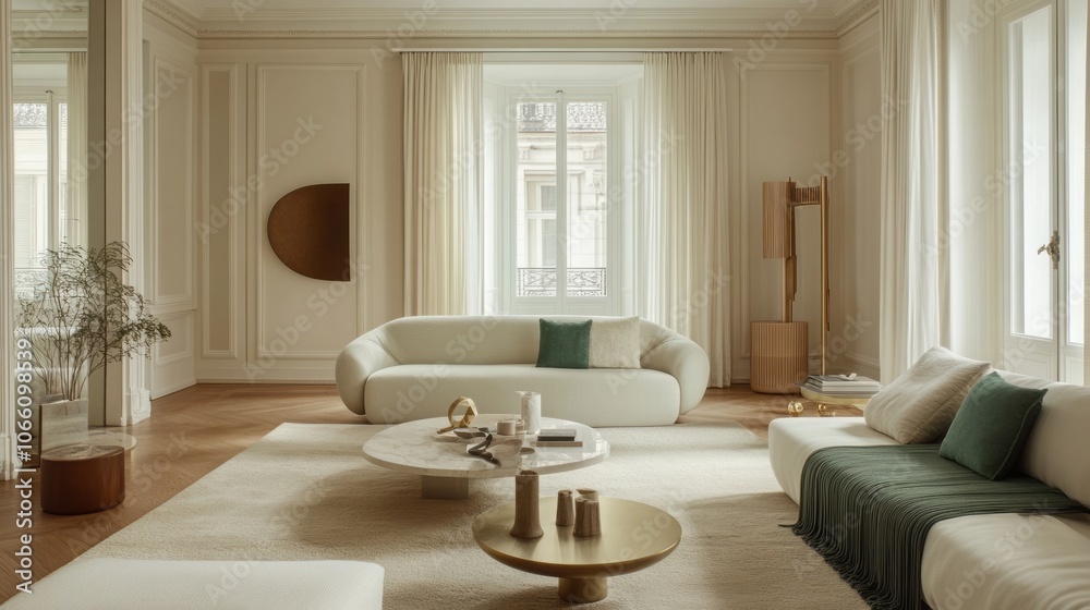 Fototapeta premium Modern Living Room Interior Design with White Sofas, Gold Accents, and a Large Window