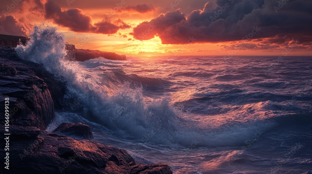 Fototapeta premium Dramatic sunset over a stormy sea with crashing waves against a rocky coast.