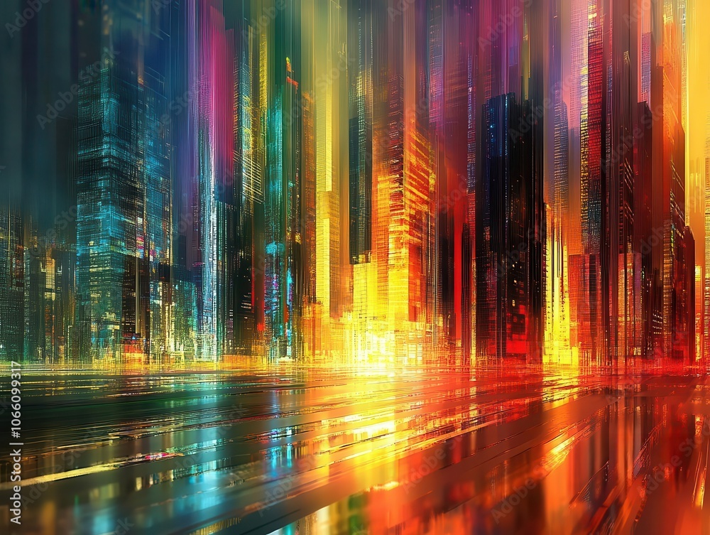 Fototapeta premium Abstract cityscape with vibrant lighting, sleek buildings, dynamic movement, modern design, photo-realistic