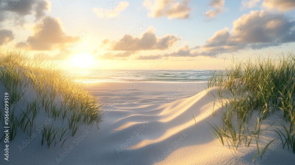 A picturesque sunset over a pristine sandy beach, with tall grasses framing the scene. A picturesque sunset over a pristine sandy beach, with tall grasses framing the scene.