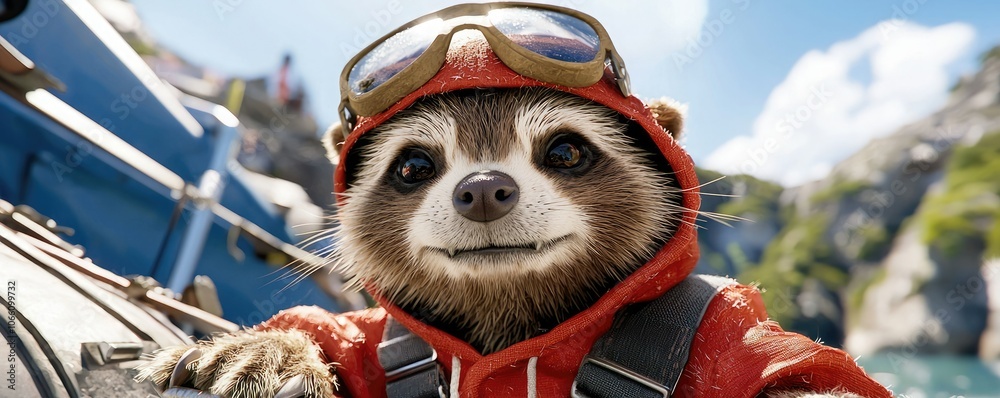 Obraz premium A cheerful, adventurous sloth wearing goggles and a red jacket, set against a scenic background of hills and water.