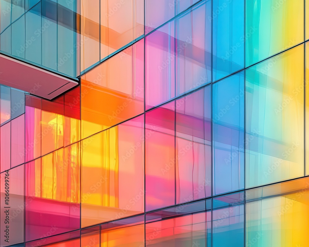 Fototapeta premium Abstract reflections in glass with vibrant colors, soft lighting, sleek modern architecture, dynamic composition
