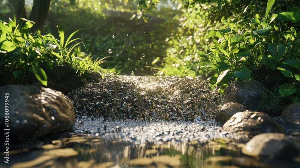 A Tranquil Stream Flowing Through Lush Green Foliage A Tranquil Stream Flowing Through Lush Green Foliage