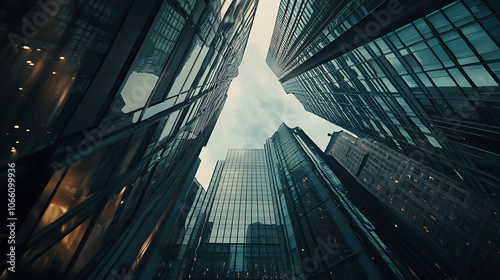 modern reflective skyscraper business office buildings in a big city urban landscape bottomup view photography photo