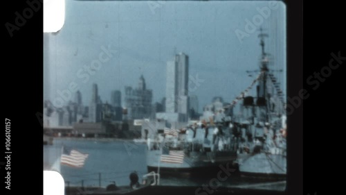 Destroyers in Chicago 1959 - The Chicago skyline is seen past two US Navy Sumner class destroyers moored at Navy Pier in 1959.