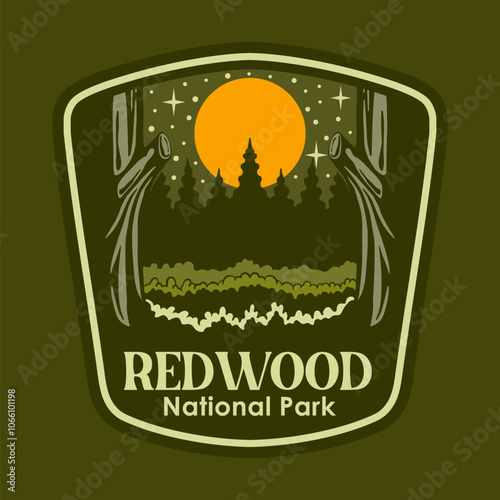 REDWOOD AT THE NIGHT NATIONAL PARK BADGE LOGO DESIGN VECTOR ILLUSTRATION