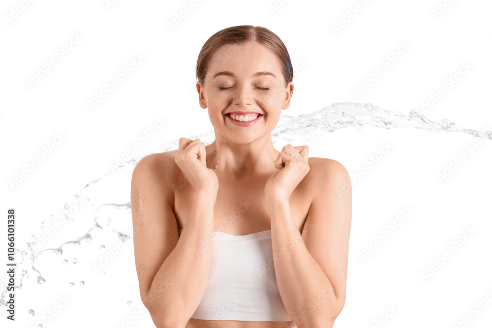 Εκτύπωση καμβά Happy young woman and splash of water on white background