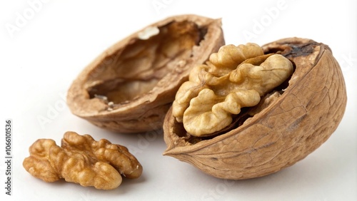 A close-up shot of a single walnut kernel being cracked open to reveal its edible interior, texture, nutrition, healthy photo