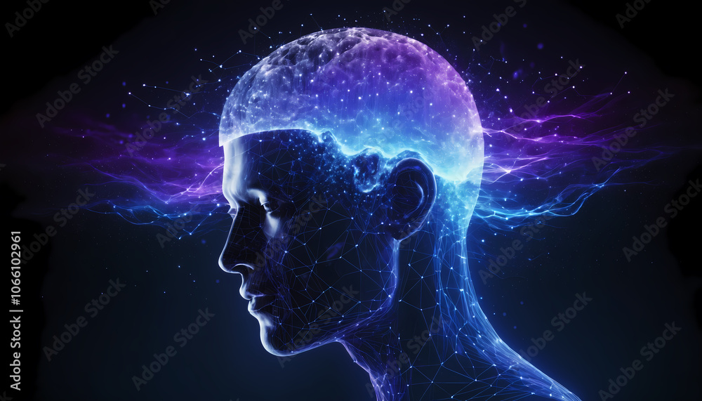 A human head with a glowing brain, symbolizing intelligence and thought. A human head with a glowing brain, symbolizing intelligence and thought.