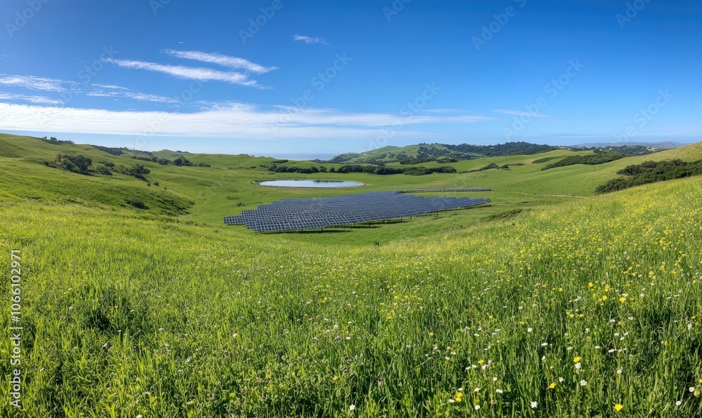 Obraz premium Solar panels in a valley surrounded by hills.