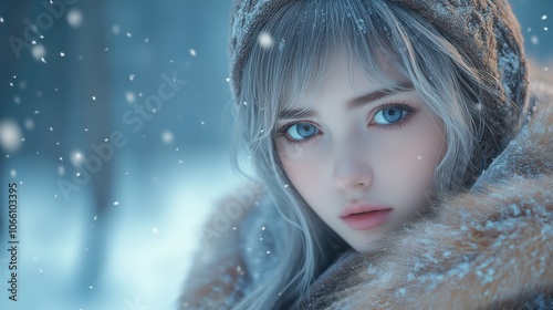 Portrait of a young woman with bright blue eyes in a fur hooded coat, surrounded by softly falling snowflakes, capturing the serene beauty of winter.