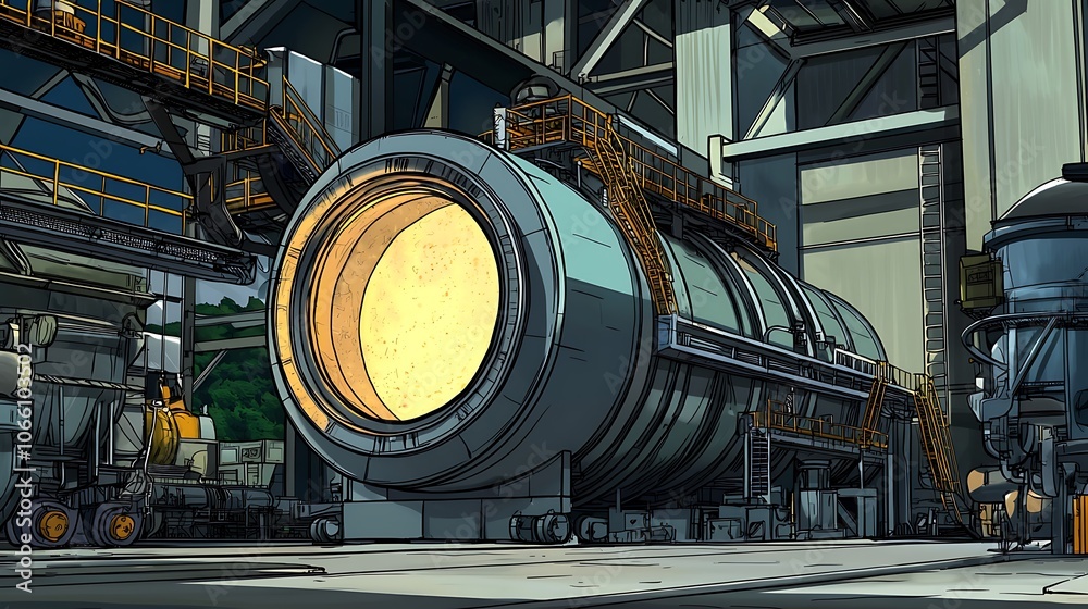 Industrial furnace with glowing interior in a factory setting. Industrial furnace with glowing interior in a factory setting.