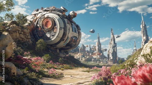 A futuristic robotic landscape, hypermaximalist, advertising photography, hyper realistic, fine detail,