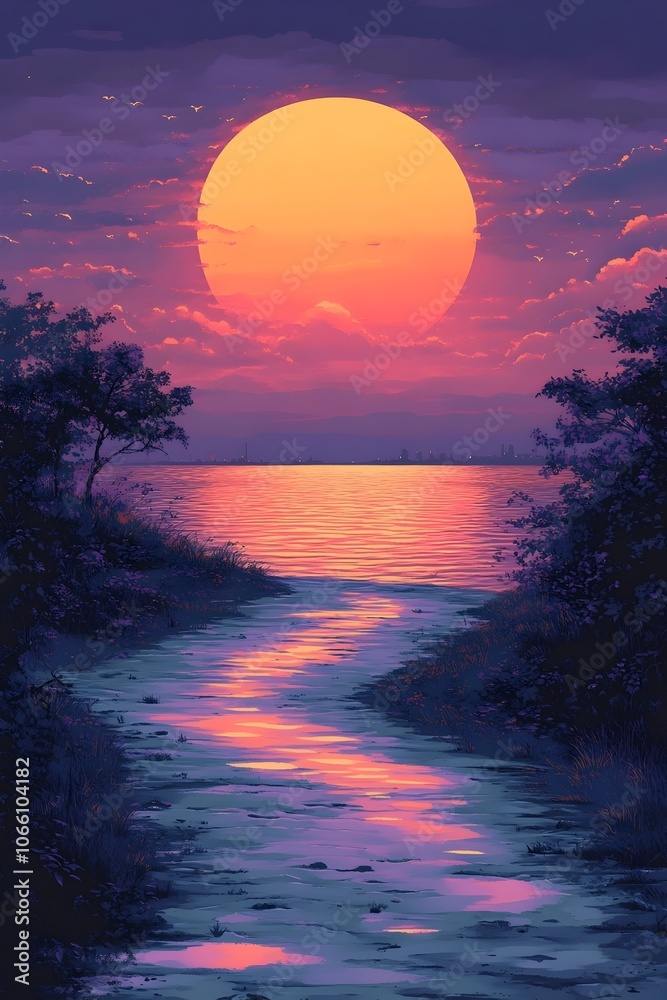 Φωτογραφία A serene sunset scene depicting a large, golden sun setting over tranquil waters, with soft purple and pink hues reflecting on the surface and silhouettes of trees framing the view