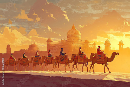 Traditional Mughal, camel caravan, vector style photo