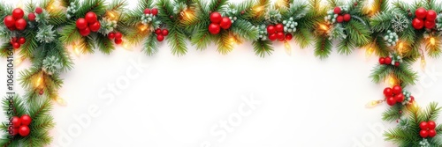 Seamless christmas border with coniferous branches, garland, lights, garland, lights