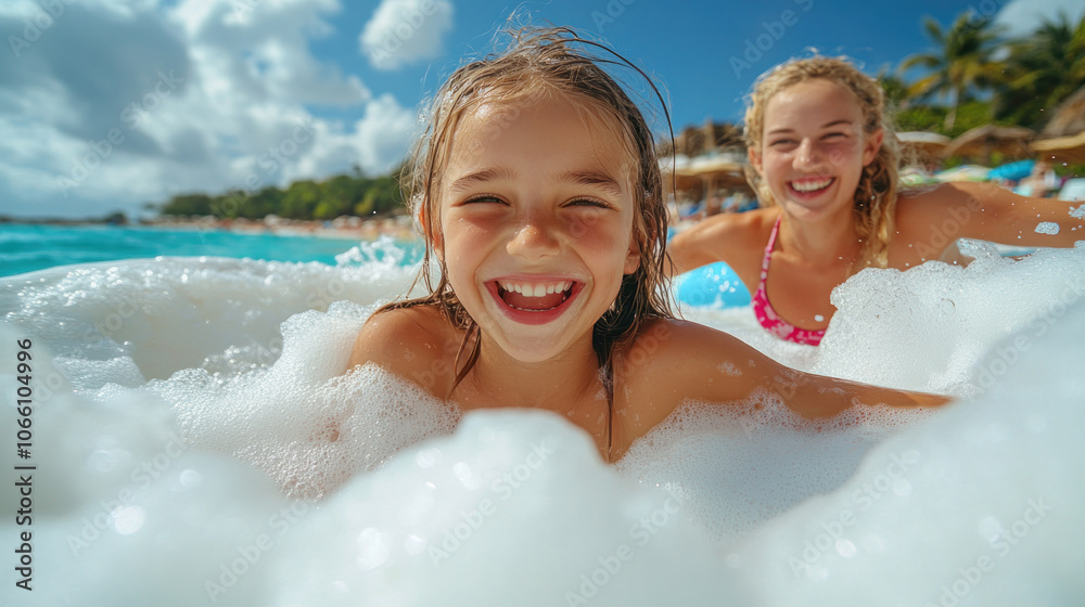 A girl and a girl are playing in the water. The girl in the pink is smiling A girl and a girl are playing in the water. The girl in the pink is smiling