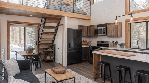 Photo of a tiny home with a kitchen, living room, and bedroom on the second floor. The layout is open concept, with a modern farmhouse-style interior design. photo