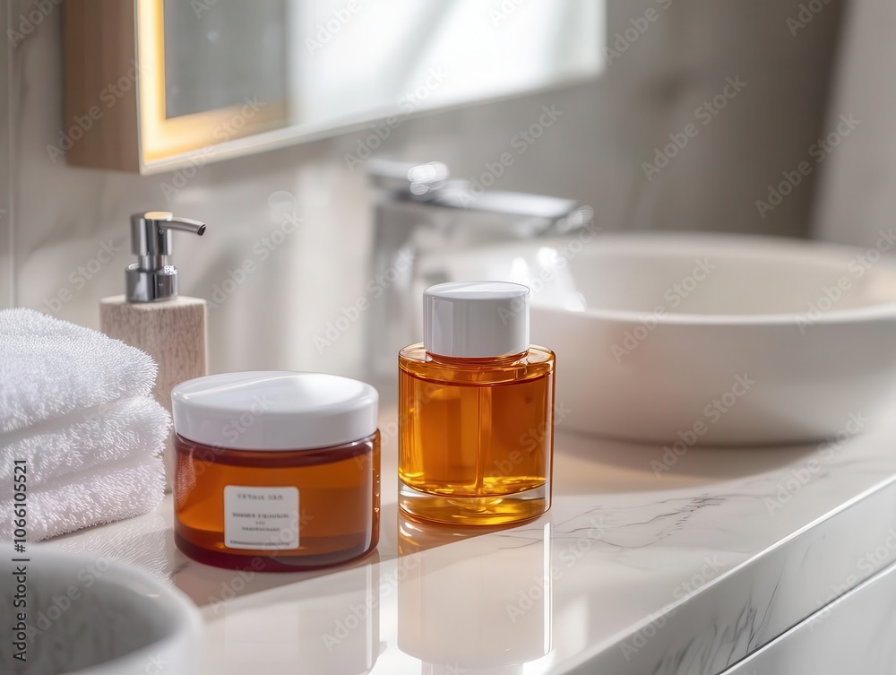 Daily skincare routine with vibrant products, sleek modern bathroom, soft lighting, clean design, high detail Daily skincare routine with vibrant products, sleek modern bathroom, soft lighting, clean design, high detail