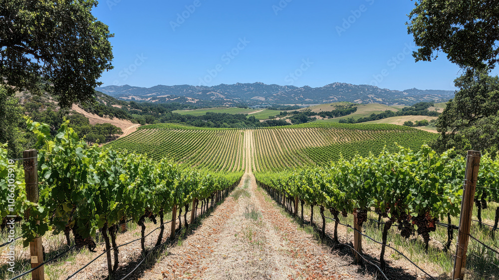 Vast vineyard landscape with rows of grapevines under clear blue sky Vast vineyard landscape with rows of grapevines under clear blue sky