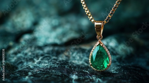 Emerald Pendant with Gold Chain on Dark Stone Background - Luxury Jewelry Close-Up