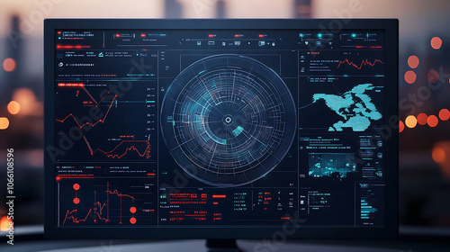 A surveillance HUD monitor screen illustration, representing military security or spyware systems, with a digital UI dashboard and radar interface for tracking locations