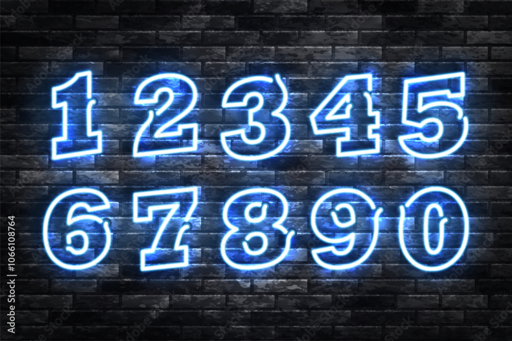 Obraz premium Vector set of neon numbers isolated on wall background.