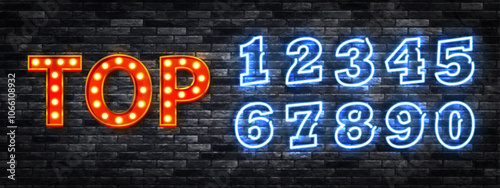 Vector set of neon sign of Top logo with neon numbers isolated on wall background.