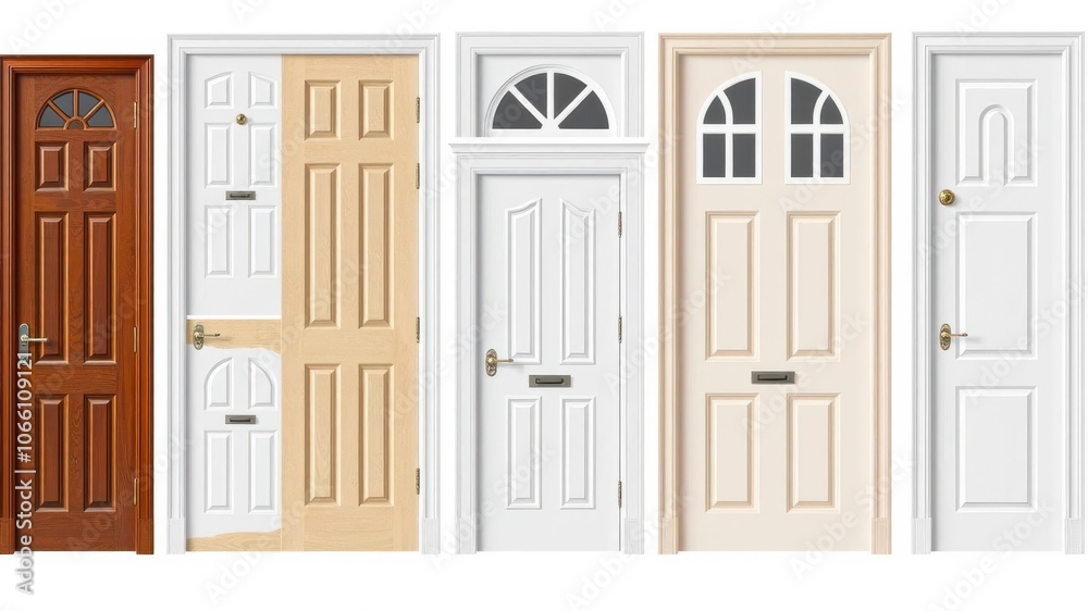 A collection of various white doors displayed against a white backdrop, design, doors A collection of various white doors displayed against a white backdrop, design, doors